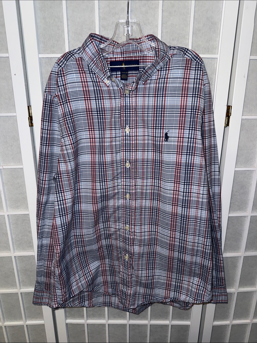 Boy’s Polo by Ralph Lauren Blue Red & White Plaid Button-Down Shirt Size L 14/16